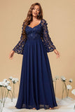 Navy A Line Long Sleeves Corset Formal Dress With Long Sleeves