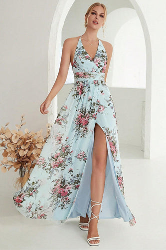 Printed Halter Light Blue Wedding Party Dress with Slit