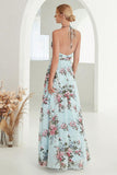 Printed Halter Light Blue Wedding Party Dress with Slit