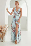 Printed Halter Light Blue Wedding Party Dress with Slit