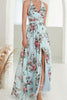 Load image into Gallery viewer, Printed Halter Light Blue Wedding Party Dress with Slit