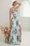 Printed Halter Light Blue Wedding Party Dress with Slit