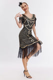 Black Golden Cold Shoulder Fringes 1920s Gatsby Dress