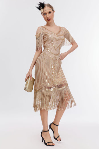 Black Golden Cold Shoulder Fringes 1920s Gatsby Dress
