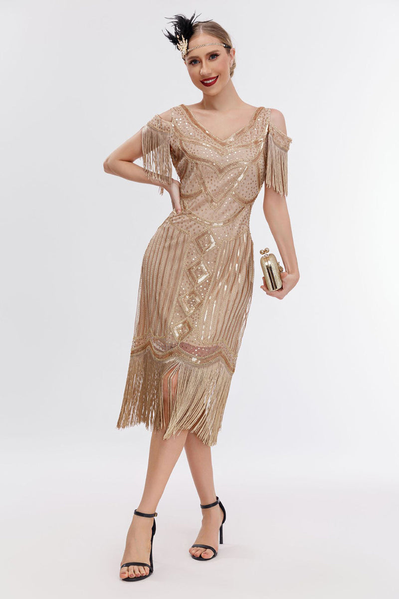 Load image into Gallery viewer, Black Golden Cold Shoulder Fringes 1920s Gatsby Dress