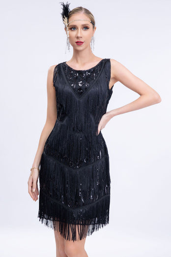 Black Fringed 1920s Gatsby Dress with Sequins