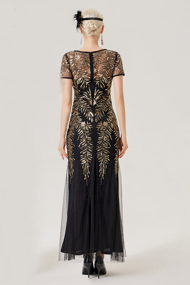 Load image into Gallery viewer, Black Golden Sequins Long 1920s Dress with Short Sleeves