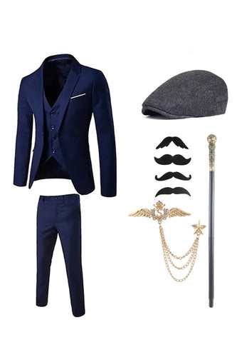 Dark Blue Notched Lapel Men's 1920s Suits with Accessories Set
