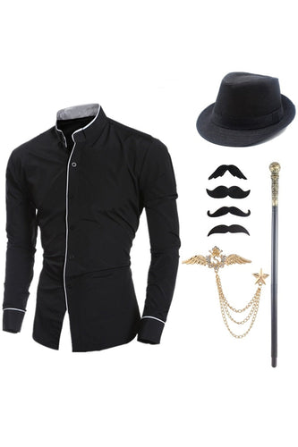 Black Stand Collar Long Sleeve Men's Suit Shirt with Accessories Set