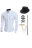 Black Stand Collar Long Sleeve Men's Suit Shirt with Accessories Set