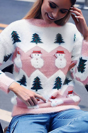 Long Sleeves Blue Snowman Christmas Tree Sweater