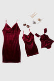 Burgundy Velvet Slip Dresses Mom Daughter Family Matching Outfits