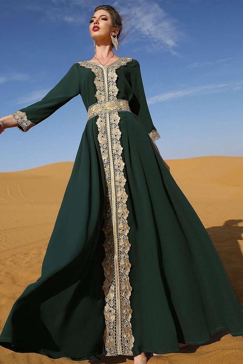 Load image into Gallery viewer, Dark Green Long Sleeves Caftan Marocain