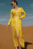 Load image into Gallery viewer, Yellow V Neck Caftan Marocain