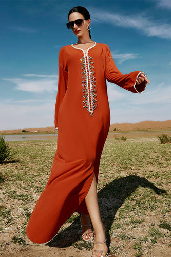 Orange Long Sleeves Moroccan Kaftan with Slit
