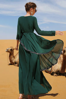 Dark Green V Neck Belted Moroccan Kaftan