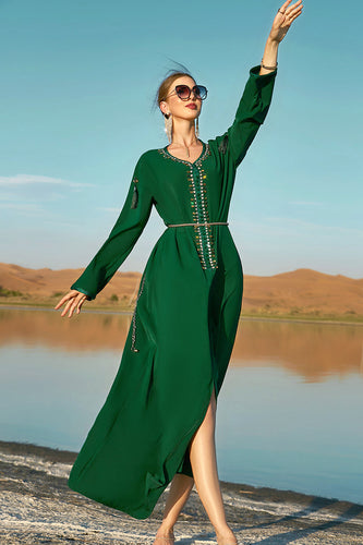Dark Green Round Neck Long Sleeves Moroccan Kaftan
