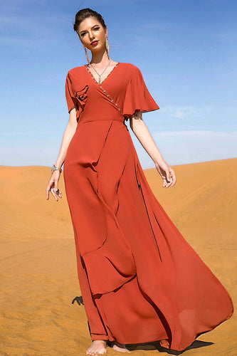 Rust Red Short Sleeves Wrap Moroccan Kaftan