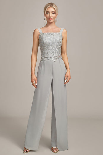 Silver Chiffon Pant and Lace Top Mother of The Bride Wide Pant Suits
