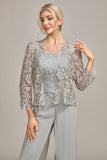 Silver Chiffon Pant and Lace Top Mother of The Bride Wide Pant Suits