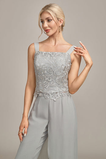Silver Chiffon Pant and Lace Top Mother of The Bride Wide Pant Suits