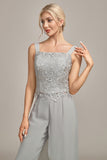 Silver Chiffon Pant and Lace Top Mother of The Bride Wide Pant Suits