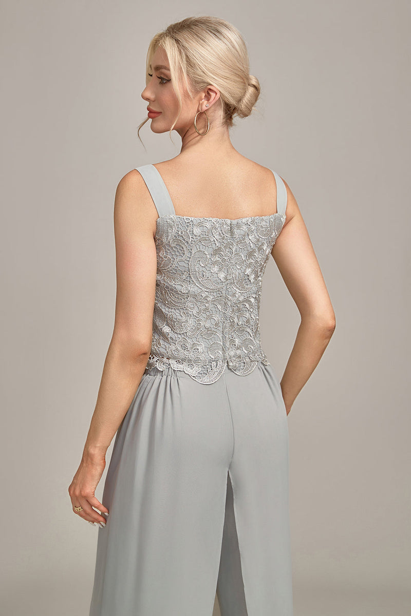 Load image into Gallery viewer, Silver Chiffon Pant and Lace Top Mother of The Bride Wide Pant Suits