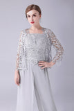 Silver Chiffon Pant and Lace Top Mother of The Bride Pant Suits