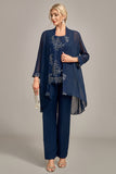 Navy 3 Piece Mother of the Bride Pant Suits with Appliques