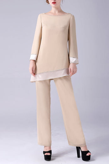 Champagne Long Sleeves 2 Pieces Mother of the Bride Pant Suits