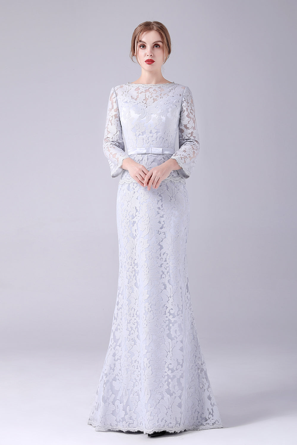 Silver Lace Sheath Long Sleeves Floor Length Mother of the Bride Dress