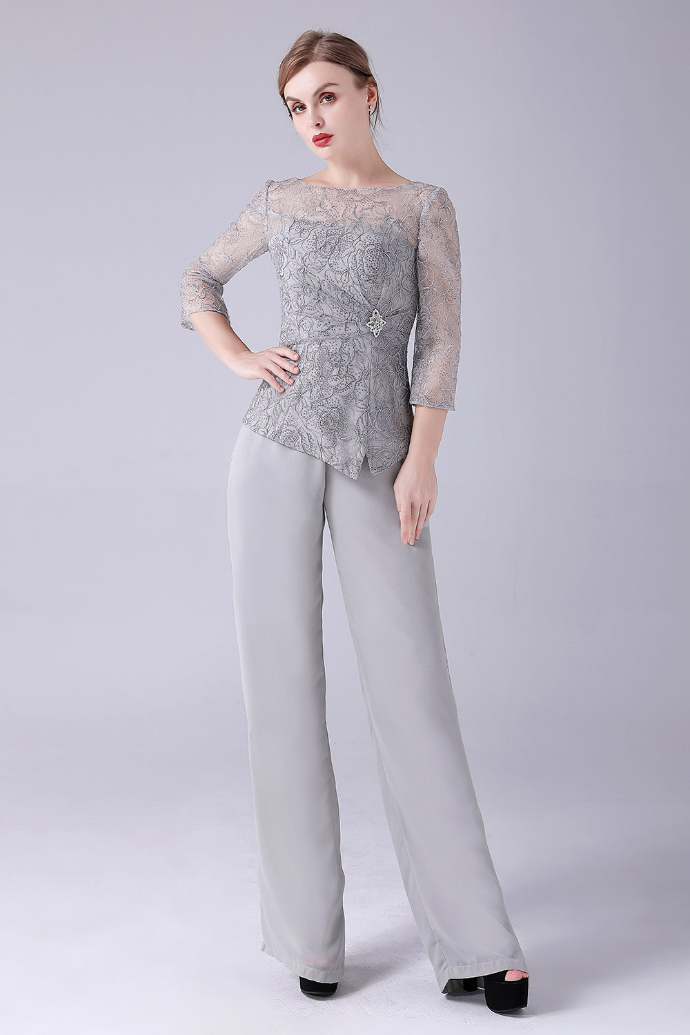 Silver 2 Pieces Slim Elegant Mother of the Bride Pant Suits