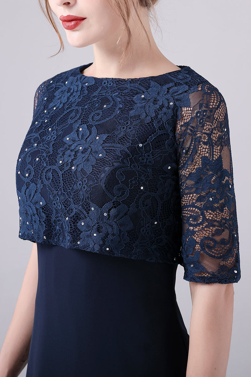 Load image into Gallery viewer, Navy Short Sleeves A-line Chiffon Floor Length Mother of the Bride Dress