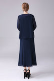 Navy Boat Neck A-line 2 Pieces Mother of the Bride Dress