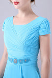 Sky Blue A-Line Square Neck Mother Of the Bride Dress With Pleated