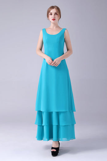 Blue A-Line Scoop Neck Chiffon Floor-Length Mother Of the Bride Dress