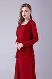 Burgundy A-Line Scoop Neck Chiffon Floor-Length Mother Of the Bride Dress