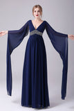 Navy A-Line V-Neck Chiffon Floor-Length Mother Of the Bride Dress With Pleated