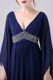 Navy A-Line V-Neck Chiffon Floor-Length Mother Of the Bride Dress With Pleated