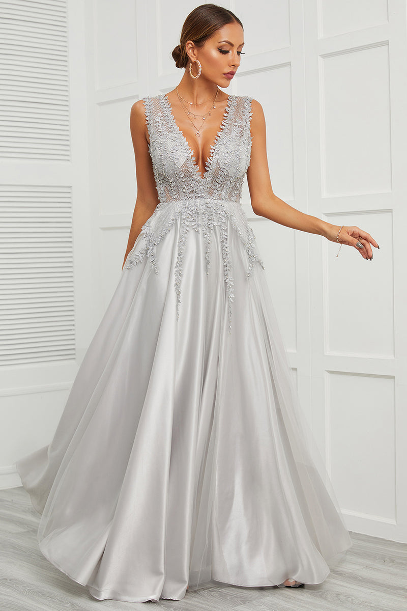 Load image into Gallery viewer, Deep V Neck Grey Long Prom Dress with Appliques
