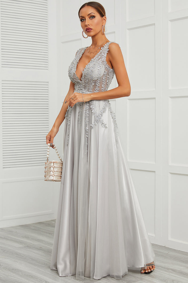 Load image into Gallery viewer, Deep V Neck Grey Long Prom Dress with Appliques
