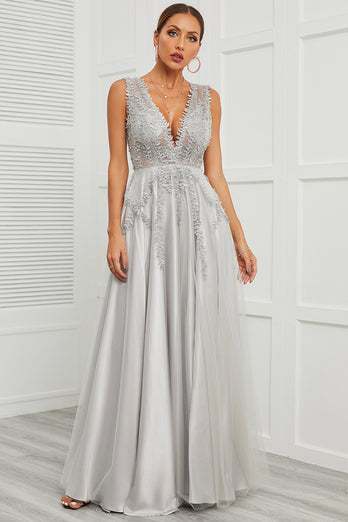 Deep V Neck Grey Long Prom Dress with Appliques
