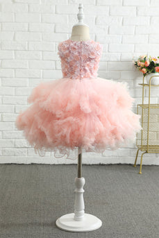 Pink Embroidery Tulle Flower Girl Dress