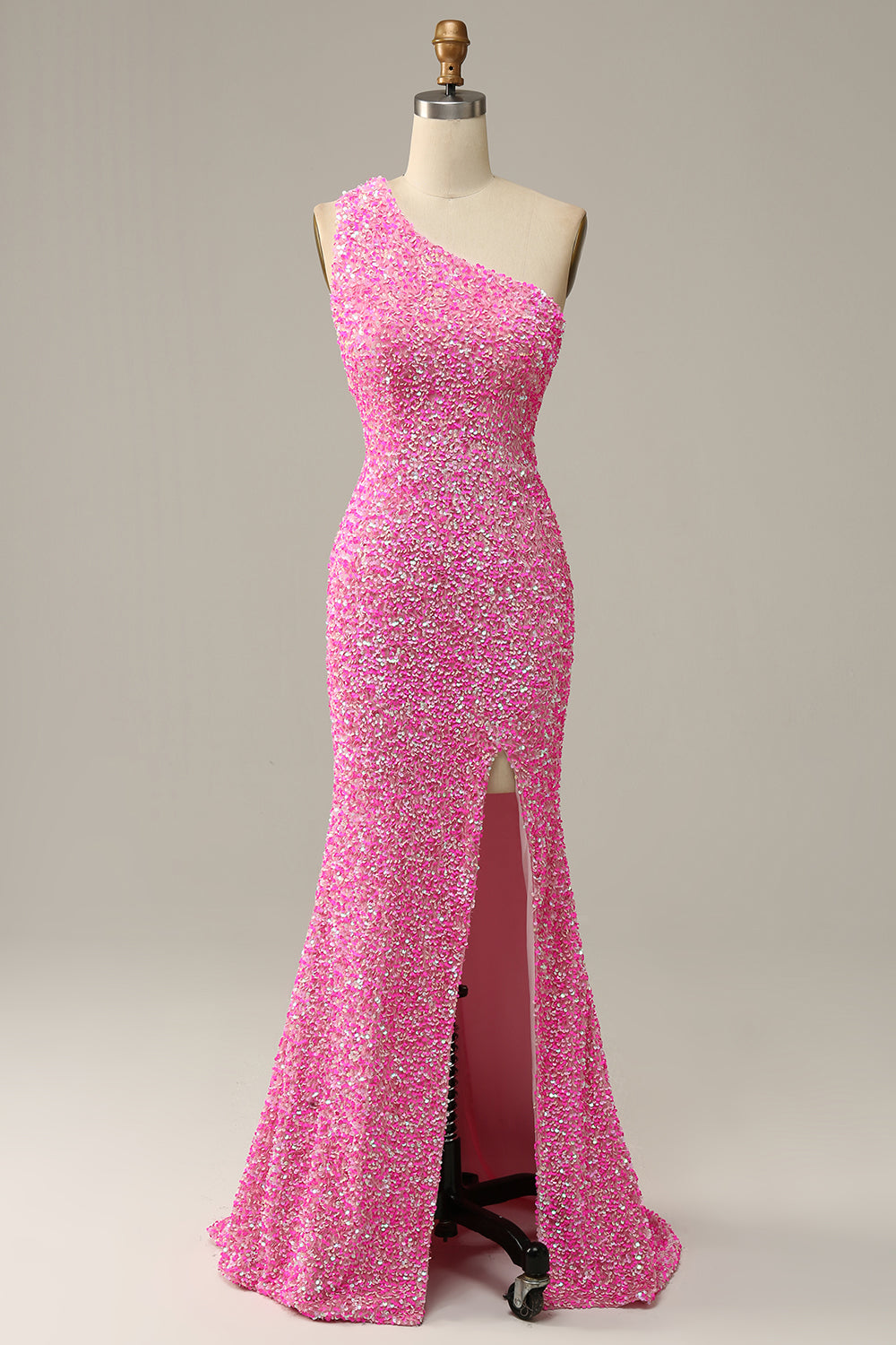 Fuchsia Sequined One Shoulder Mermaid Prom Dress With Slit
