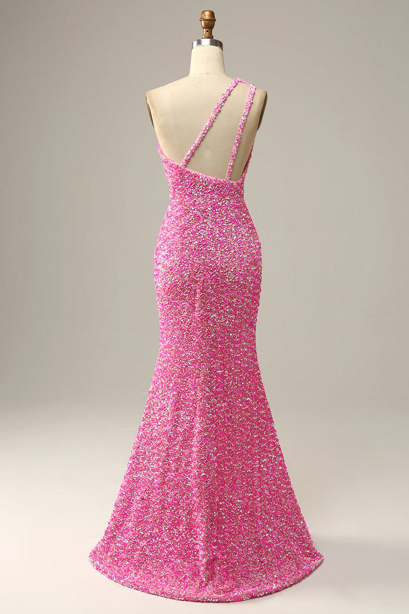 Load image into Gallery viewer, Fuchsia Sequined One Shoulder Mermaid Prom Dress With Slit