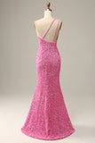 Fuchsia Sequined One Shoulder Mermaid Prom Dress With Slit