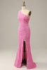 Load image into Gallery viewer, Fuchsia Sequined One Shoulder Mermaid Prom Dress With Slit