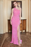 Mermaid One Shoulder Fuchsia Sequins Long Prom Dress with Split Front