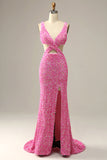 Fuchsia Sequined V-Neck Cut Out Prom Dress