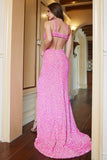 Fuchsia Sequined V-Neck Cut Out Prom Dress